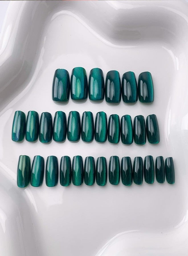 TOGZOM Dark Green Press on Nails Short Square Fake Nails Cat Eye Acrylic Nails Ombre Artificial Glue on Nail Glossy False Nails Xmas Stick on Nail for Women Manicure 30Pcs - Image 3